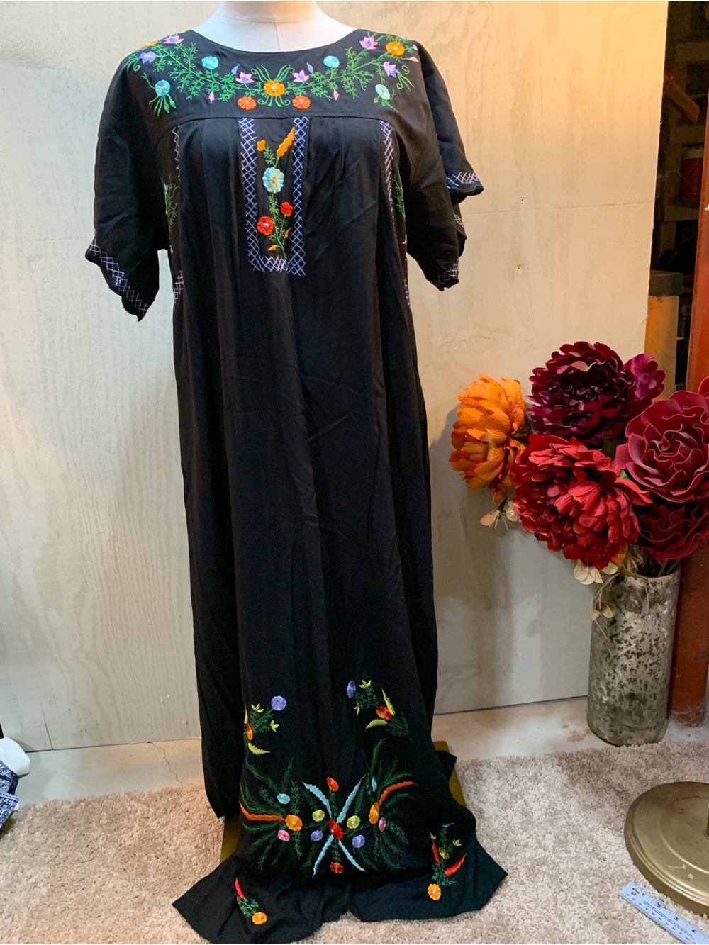Black Embroidered Maxi Dress with Colorful Floral Accents